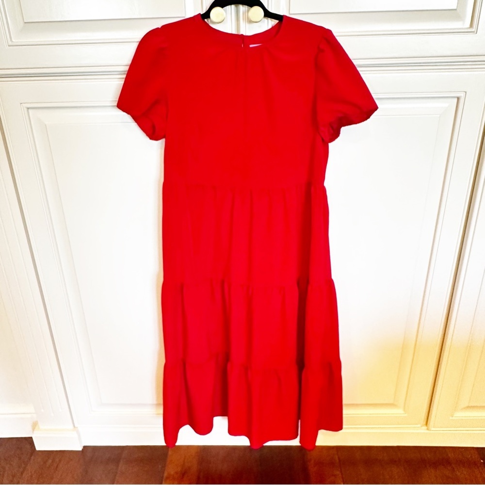 LDT Women’s Red Puff Sleeve Tiered Midi Dress Pockets Minimalist Blogger Fave 4